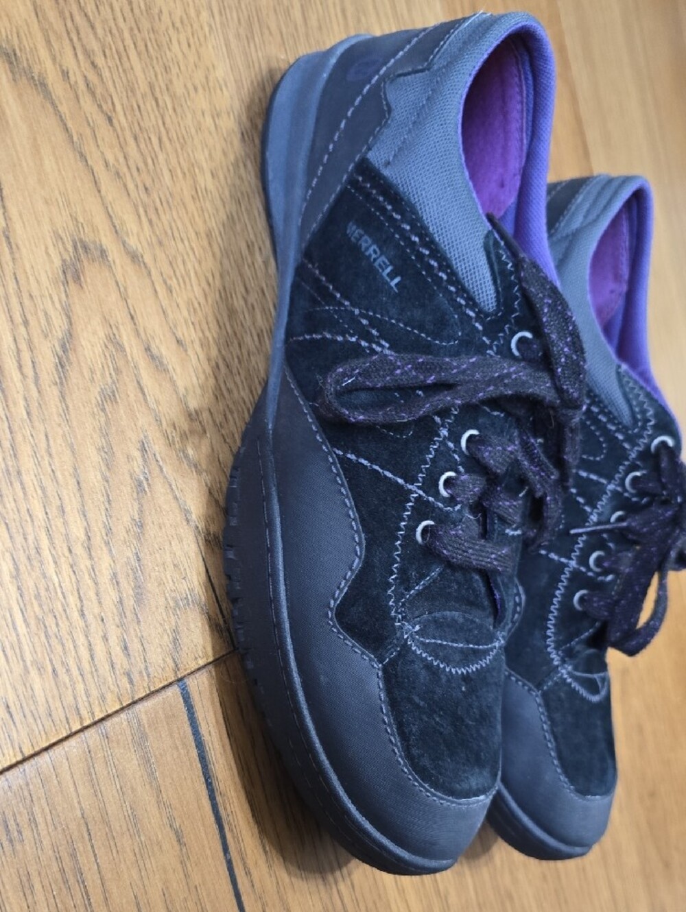 Merrell Women's Black Suede Sneakers with Purple Lining and Orange Insole - Picture 2 of 14